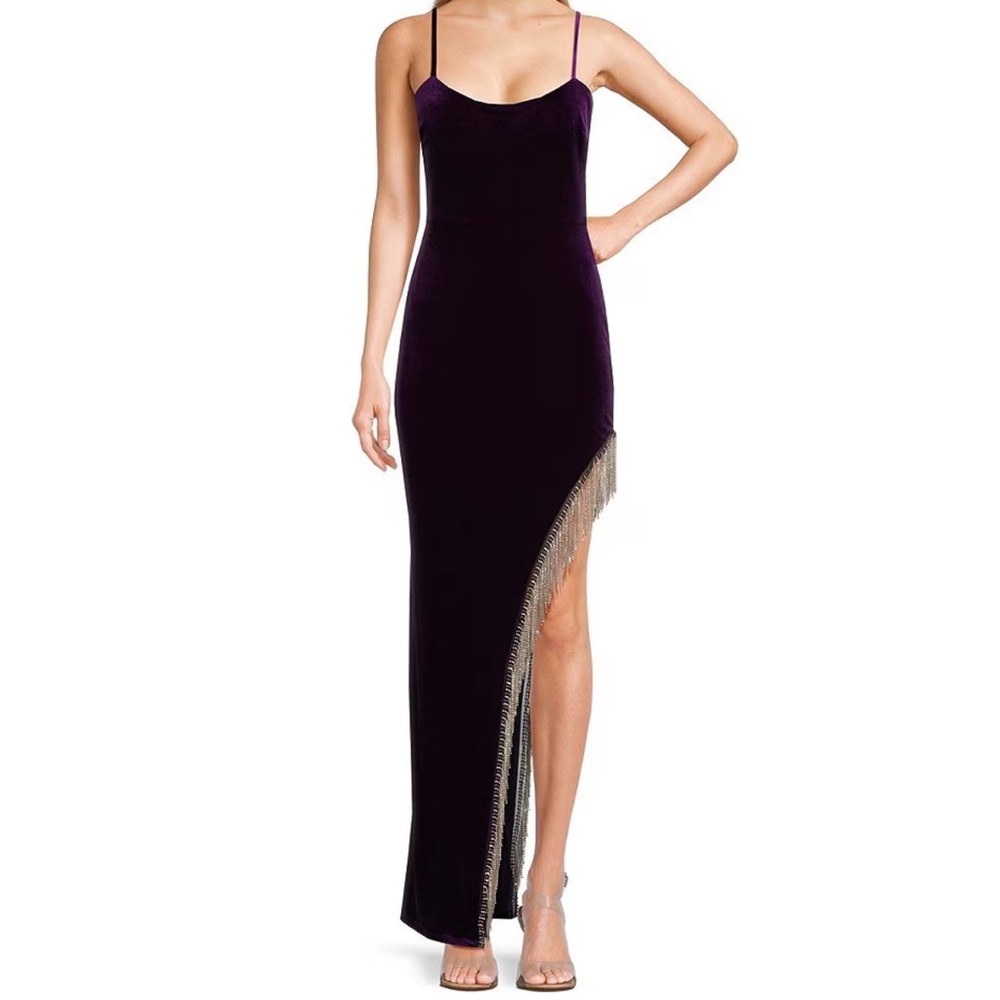 Scoop Neck Fringe Detail Side Slit Long Dress